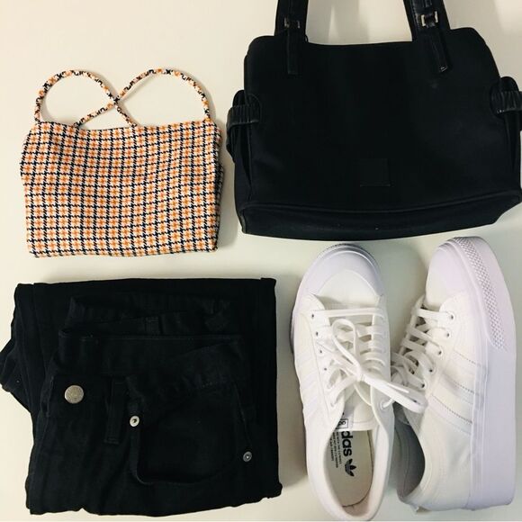 Diosa NWOT White|Black|Orange Houndstooth Square-Neck Cross-Back Crop Top Sz S - Picture 2 of 7